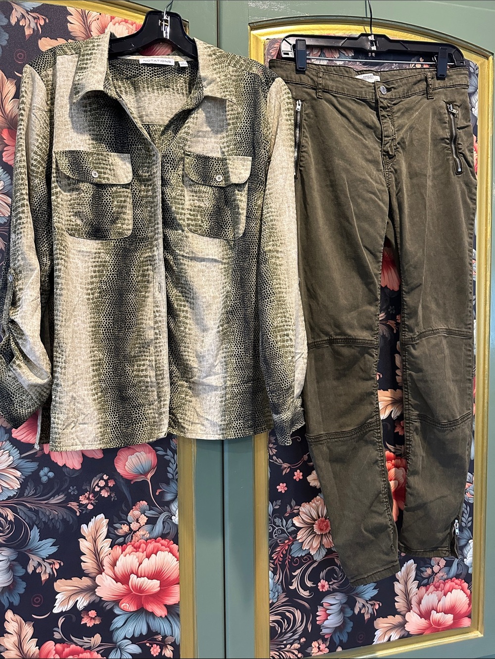 Zara and Notations Olive Snake-Print Shirt with Olive Skinny suedish feel Pants